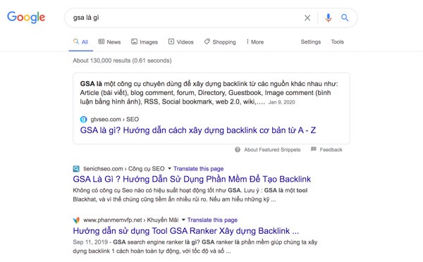 Minh họa khái niệm Featured Snippet với ví dụ về GSA