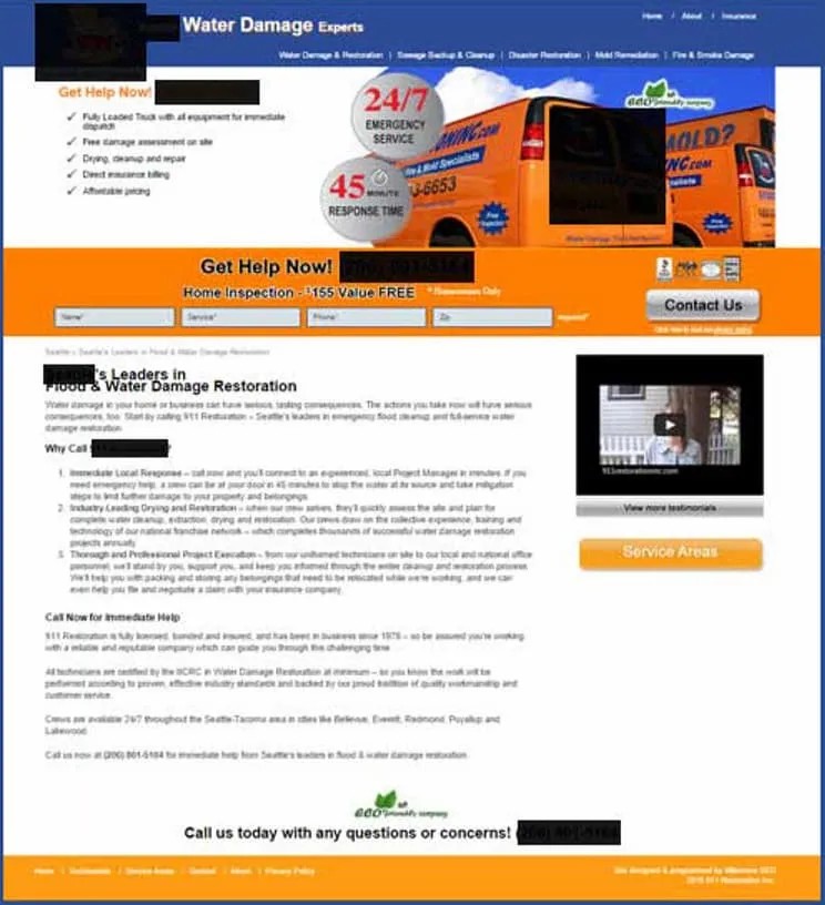Trang Landing Page mới của 911 Restoration