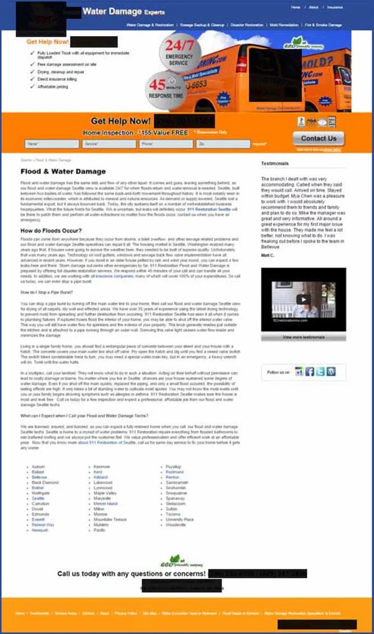 Trang Landing Page cũ của 911 Restoration