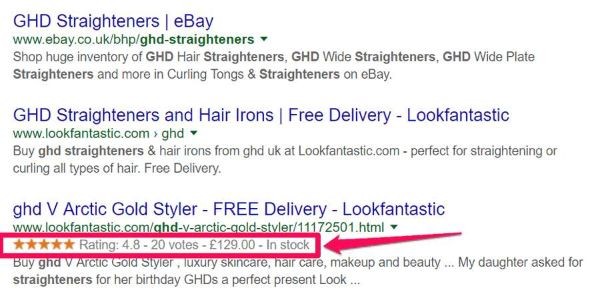 Giao diện Rich Snippets hiển thị xếp hạng sao và thông tin bổ sung