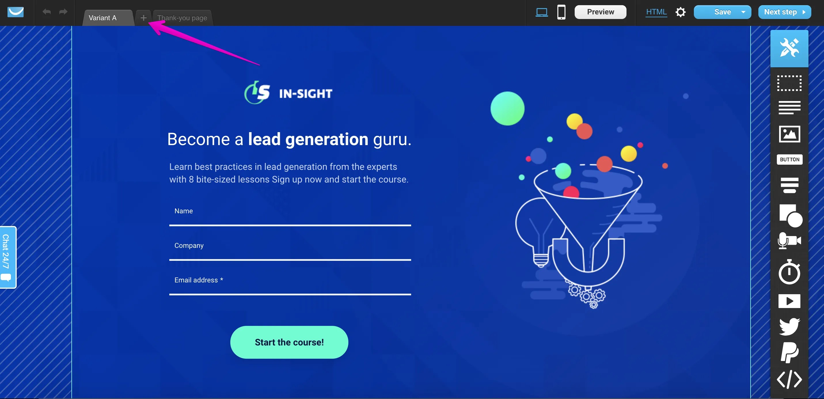 Chức năng AB test của GetResponse giúp tạo các phiên bản Landing Page khác nhau để thử nghiệm.