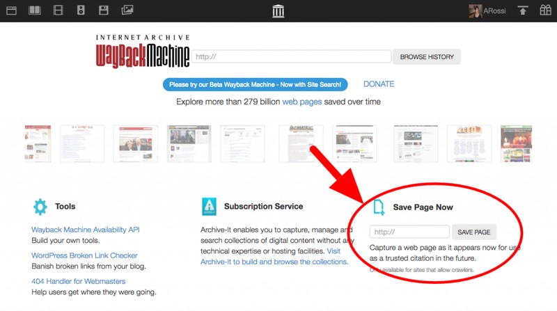 Sử dụng ô "Save Page Now" để lưu trữ một phiên bản trang web hiện tại