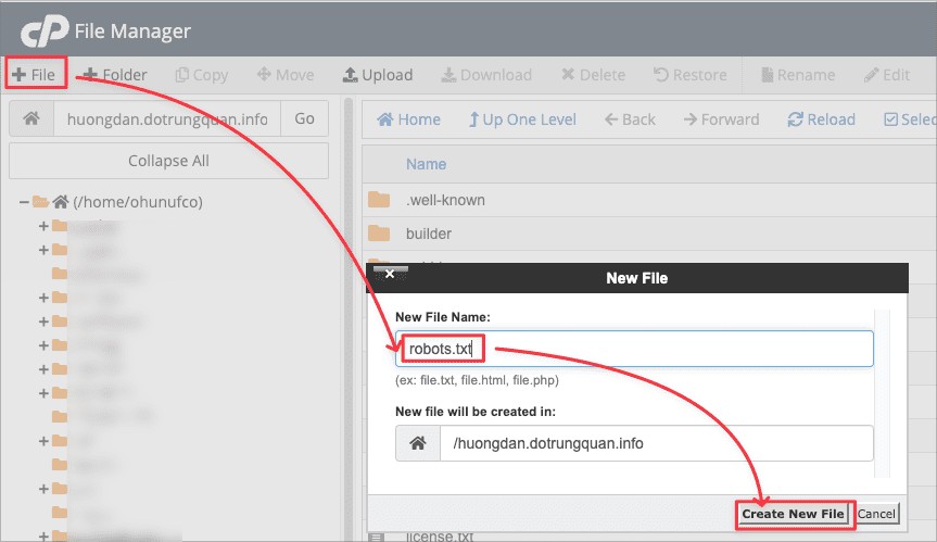 Giao diện trình quản lý tệp File Manager khi tạo file robots.txt
