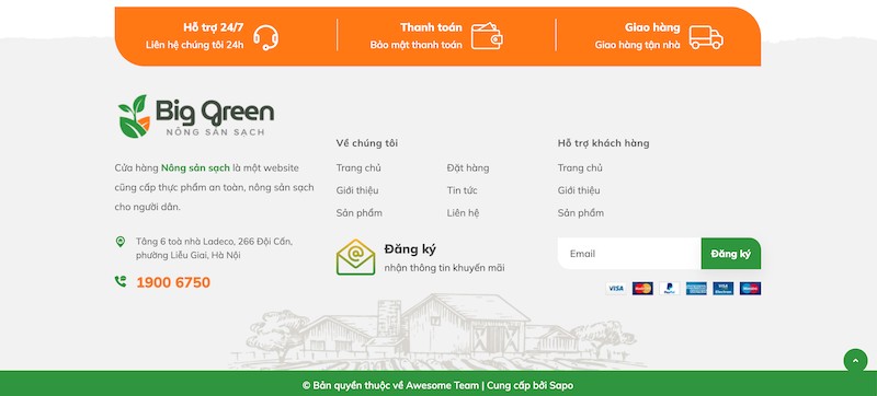 Chân trang website của giao diện Big Green
