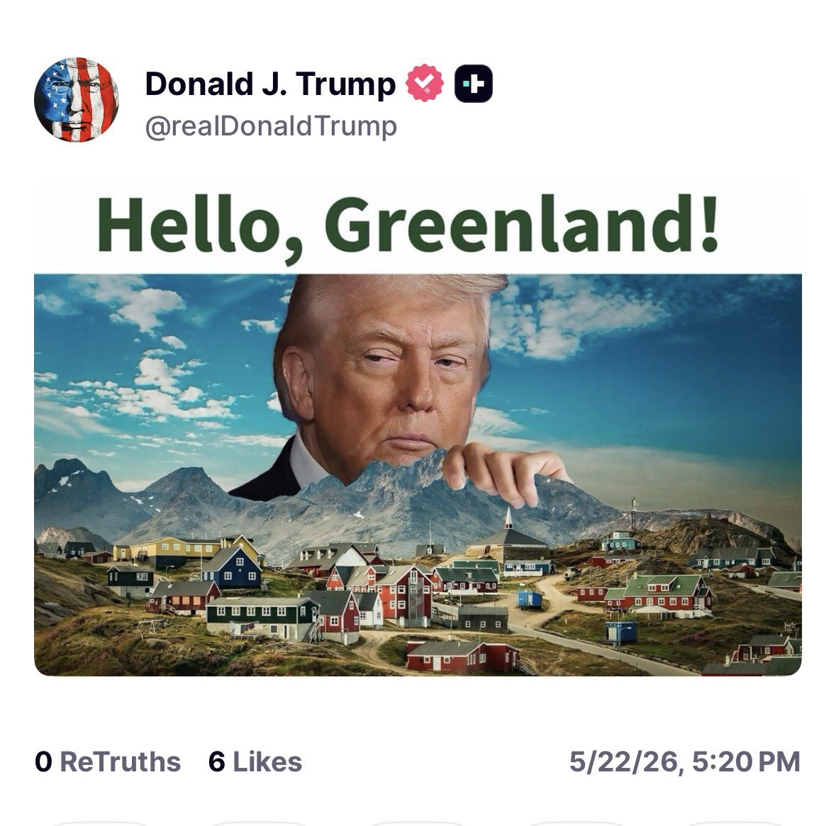 Khuôn mặt Tổng thống Donald Trump lơ lửng trên bản đồ Greenland với dòng chữ "Hello, Greenland!"