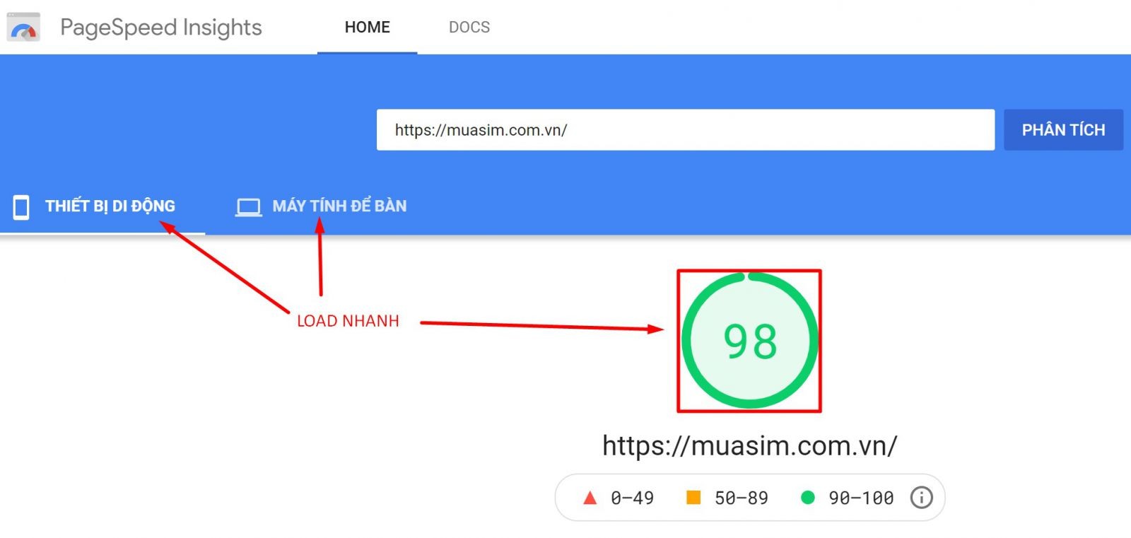 Tốc độ tải website trên Google Speed Insights