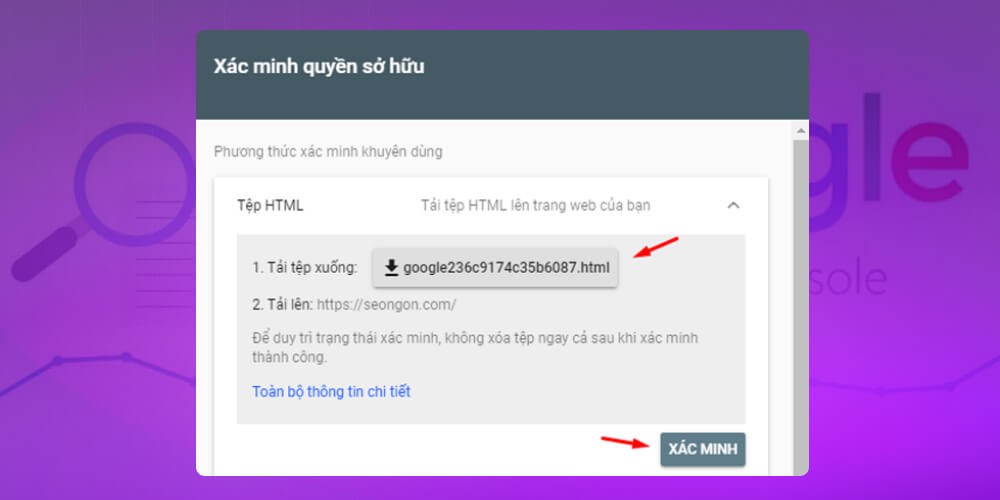 Hướng dẫn tải tệp HTML để xác minh quyền sở hữu website với Google Search Console