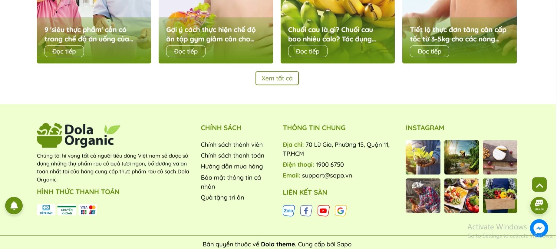 Footer của giao diện Dola Organic chuyên về thực phẩm